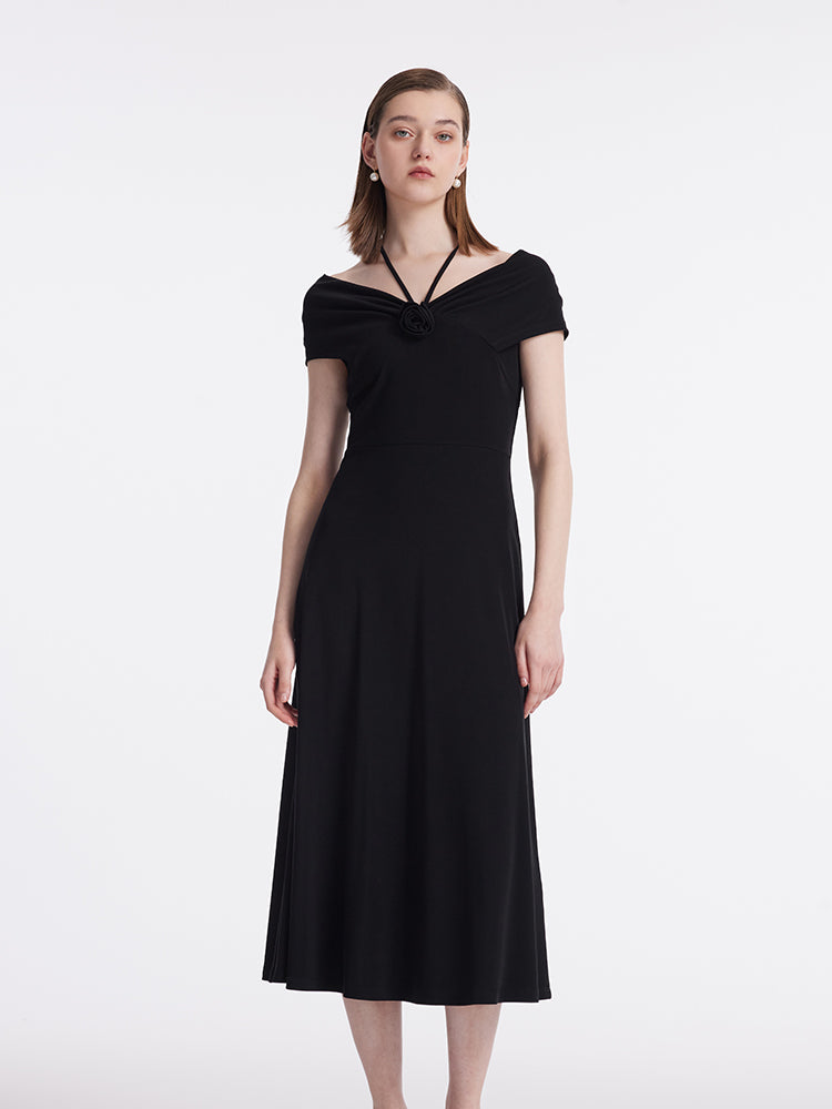Acetate Women Midi Dress With 3D Rose And Halter String GOELIA