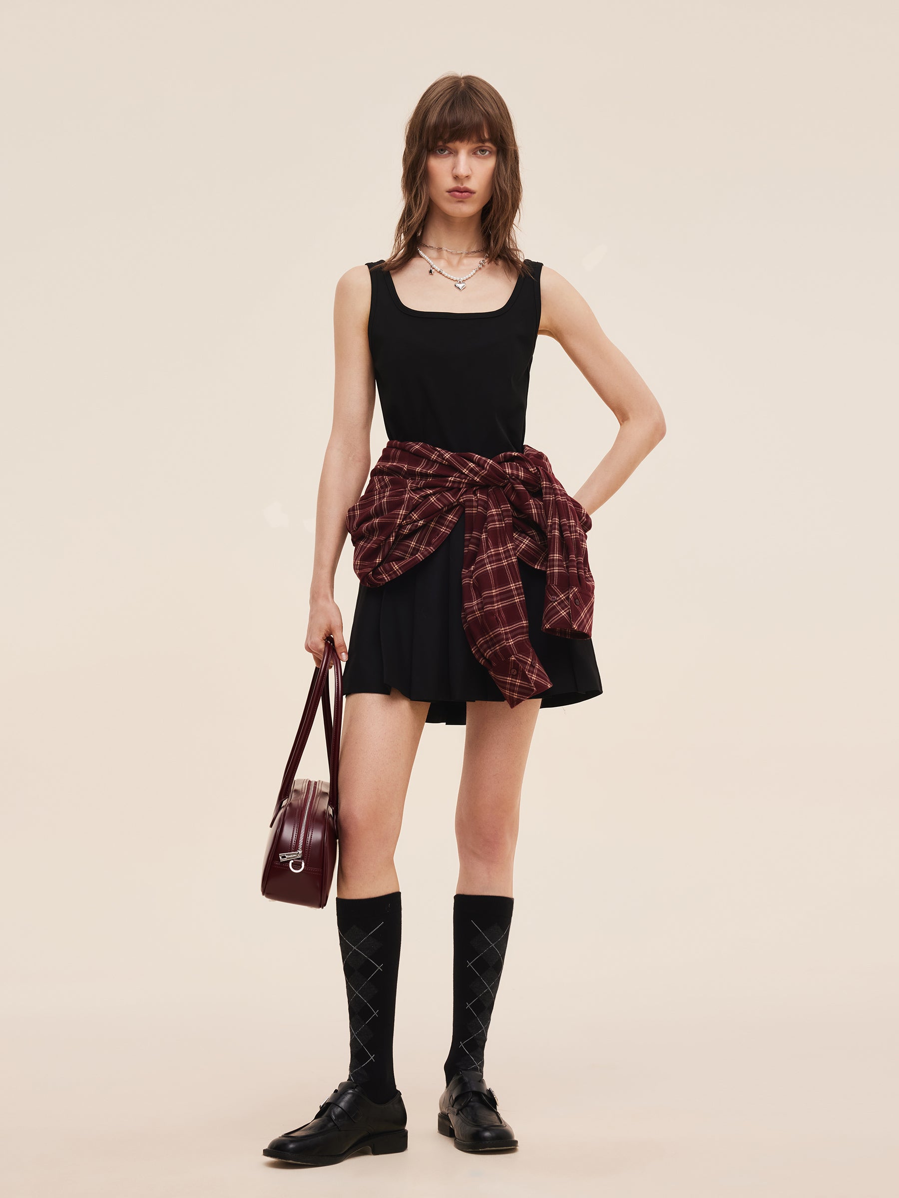 Mock Layered Plaid Women Long Sleeve Shirt GOELIA