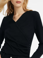V-Neck Crossover Gathered Waist Women Knit Top GOELIA