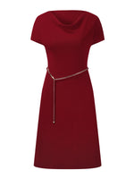 Lyocell Blend Rhinestone Cowl Neck Women Knit Midi Dress With Chain Belt GOELIA