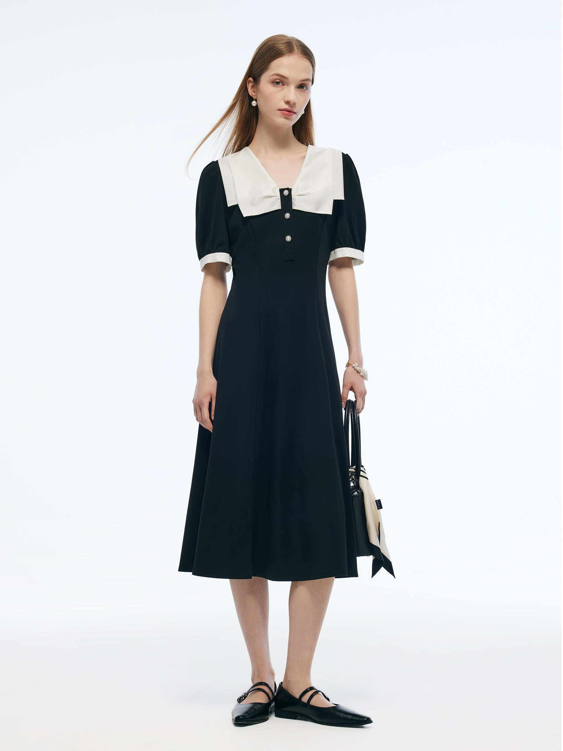 Stretch Patchwork Collar Women Color Block Midi Dress GOELIA