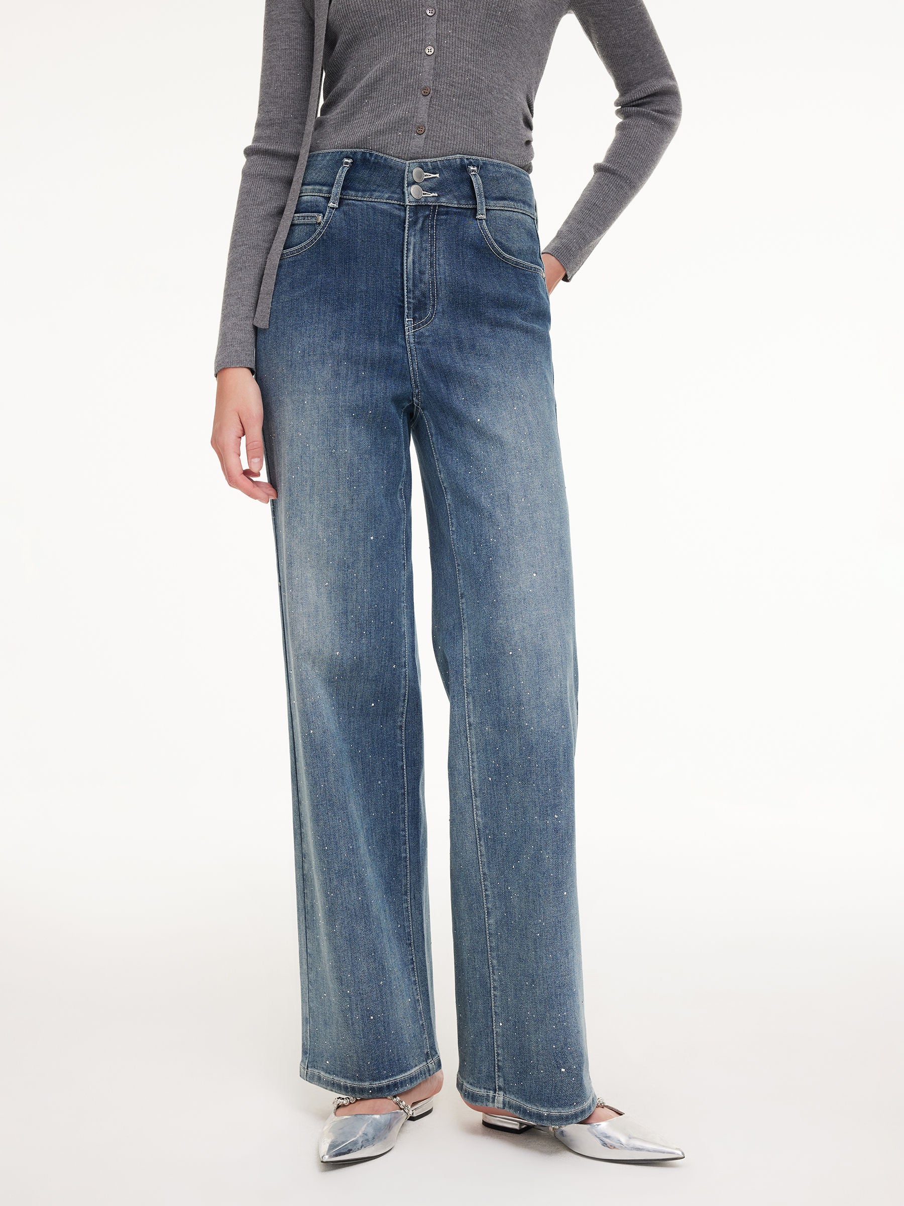 Acetate Blend Denim Rhinestone Women Jeans GOELIA