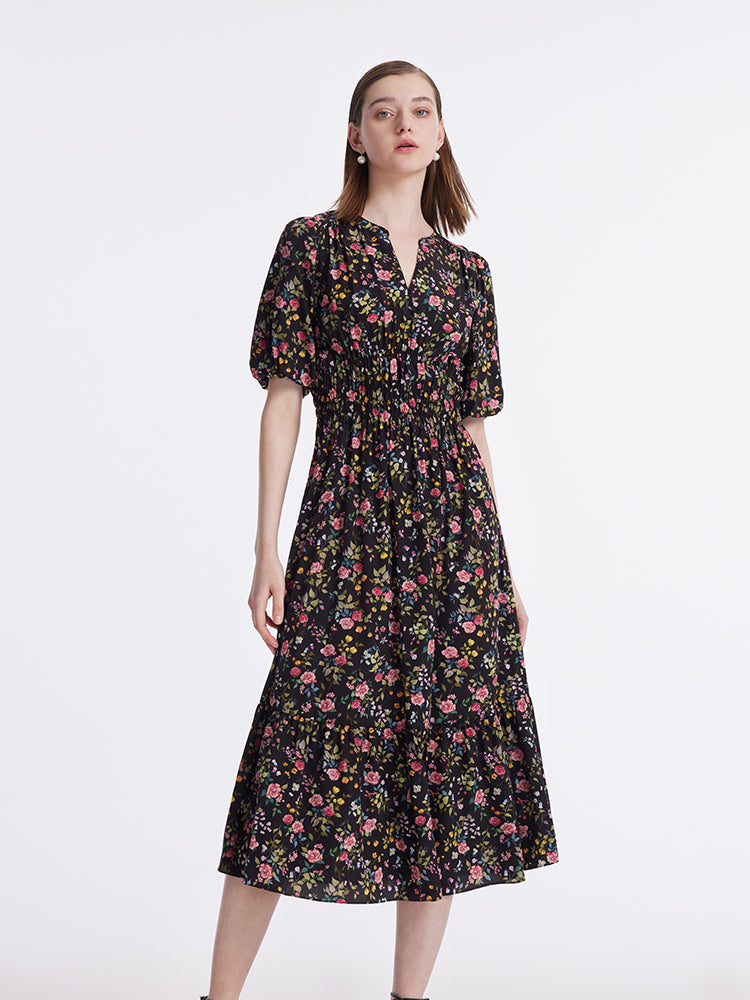 Mulberry Silk Rose Printed V-Neck Puff Sleeves Women Midi Dress GOELIA