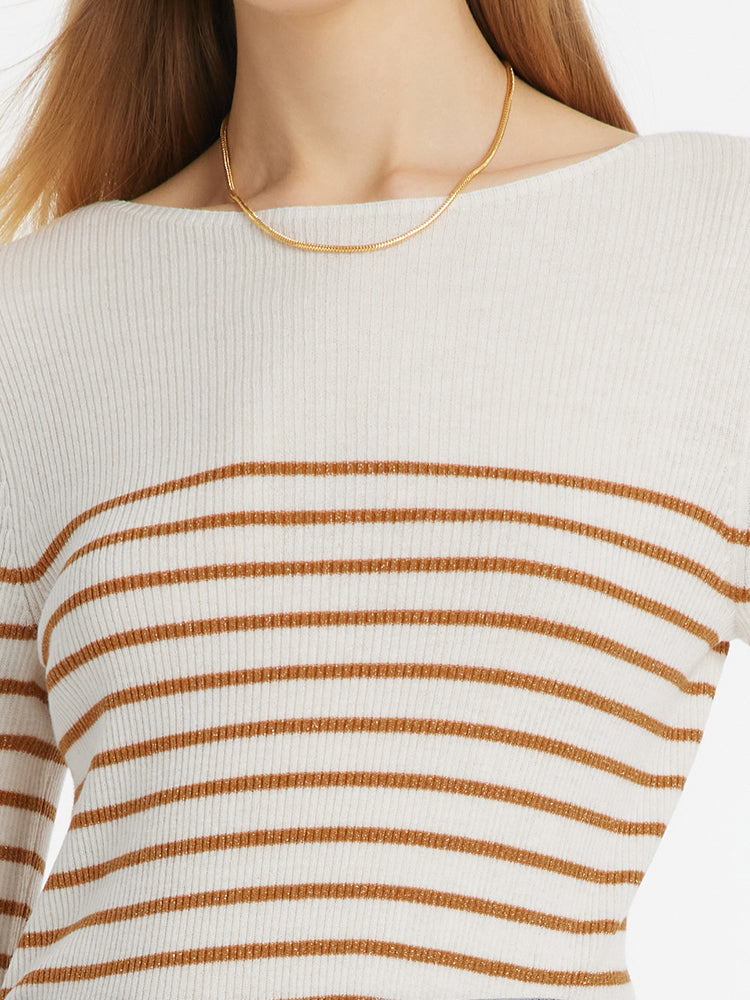 Wool Striped Boatneck Slim Women Sweater GOELIA
