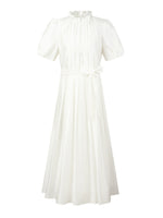 Tencel Blend Ruffle Neck Puff Sleeves Women Belted Maxi Dress GOELIA