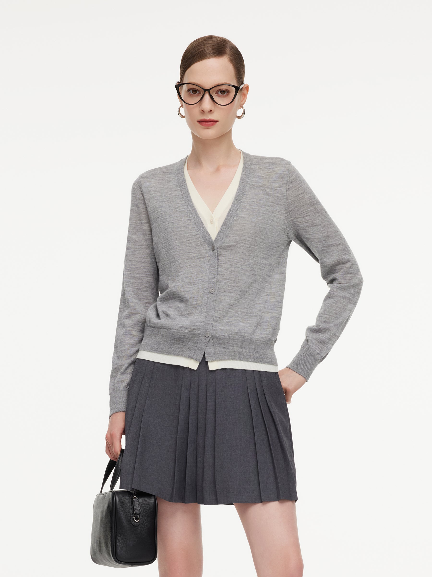 100% Wool V-Neck Women Mock-Layered Cardigan GOELIA