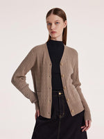 Camel Pure Cashmere V-Neck Cable Knit Cardigan GOELIA