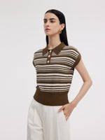 Tencel Blend Polo Collar Stripe Women Cap Sleeve Knit Tank Top GOELIA
