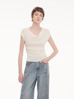 Tencel Mulberry Silk Cowl Neck Women Cap Sleeve Knit Top GOELIA