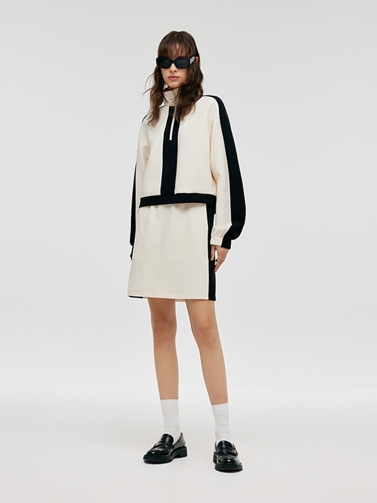 Contrast Trim Zippered Collar Sweatshirt And Skirt Two-Piece Set GOELIA