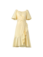 100% Cotton Ruffle Puff Sleeve Women Wrap Midi Dress GOELIA