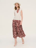 Cap Sleeve Knit Top And Marigold Floral Print Tiered Skirt Two-Piece Set With Silky Scarf GOELIA