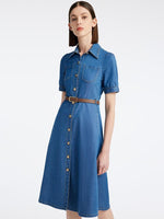 Tencel Denim Shirt Midi Collared Dress With Belt GOELIA