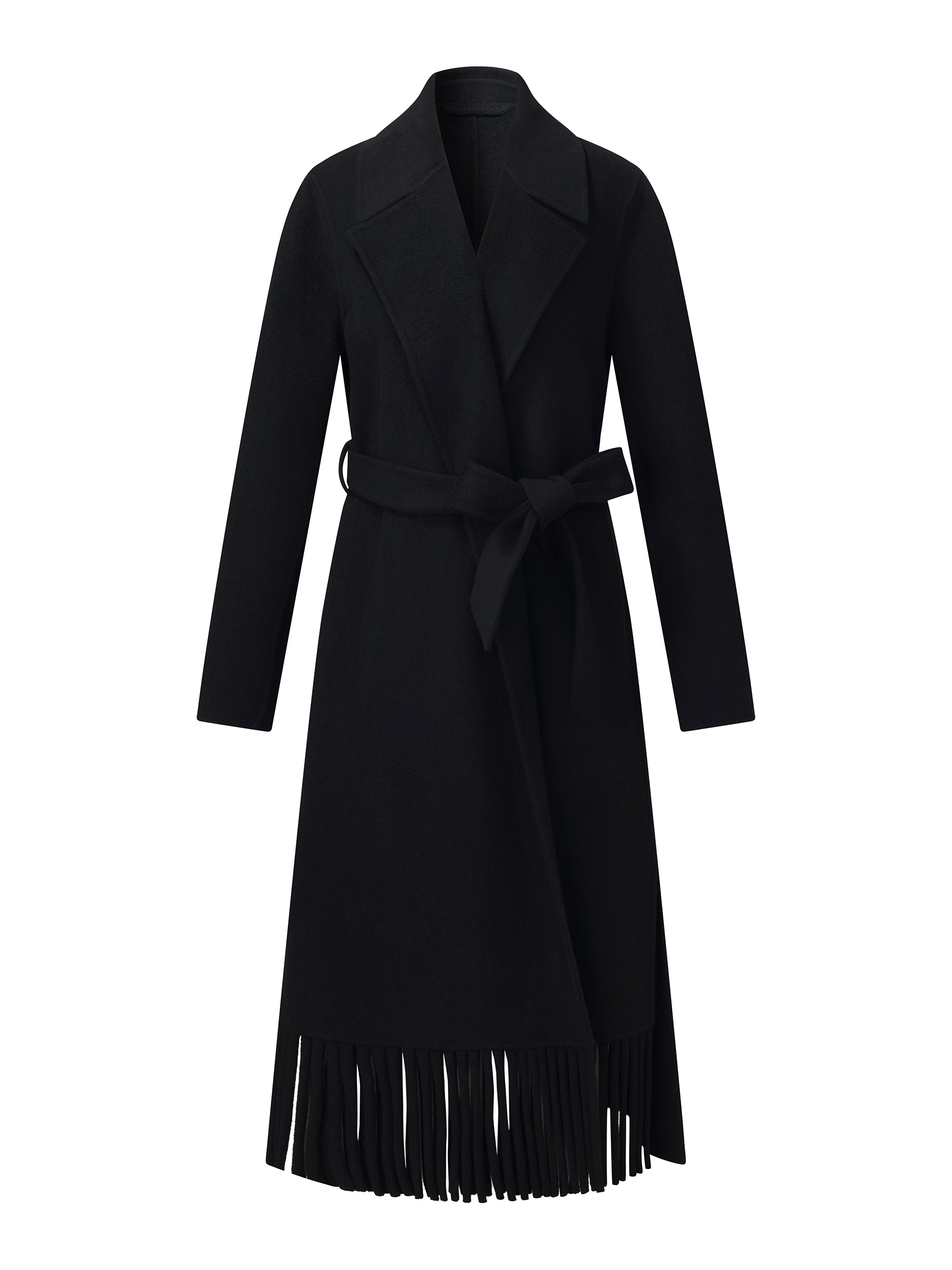 [Preview] Cashmere Wool Blend Fringe Hem Women Self-Tie Belt Overcoat GOELIA