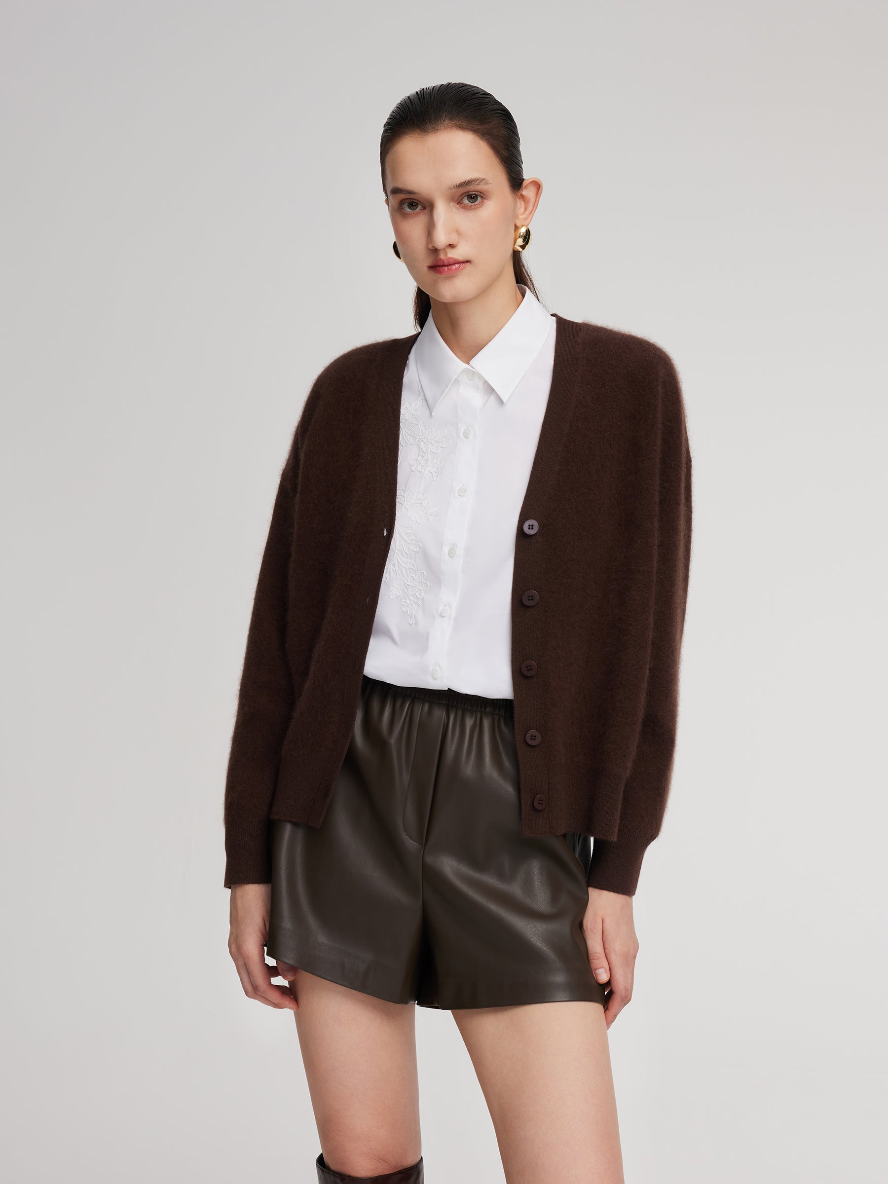 [Preview] 100% Brushed Wool V-Neck Women Cardigan GOELIA