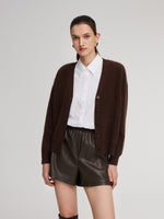 100% Brushed Wool V-Neck Women Cardigan GOELIA