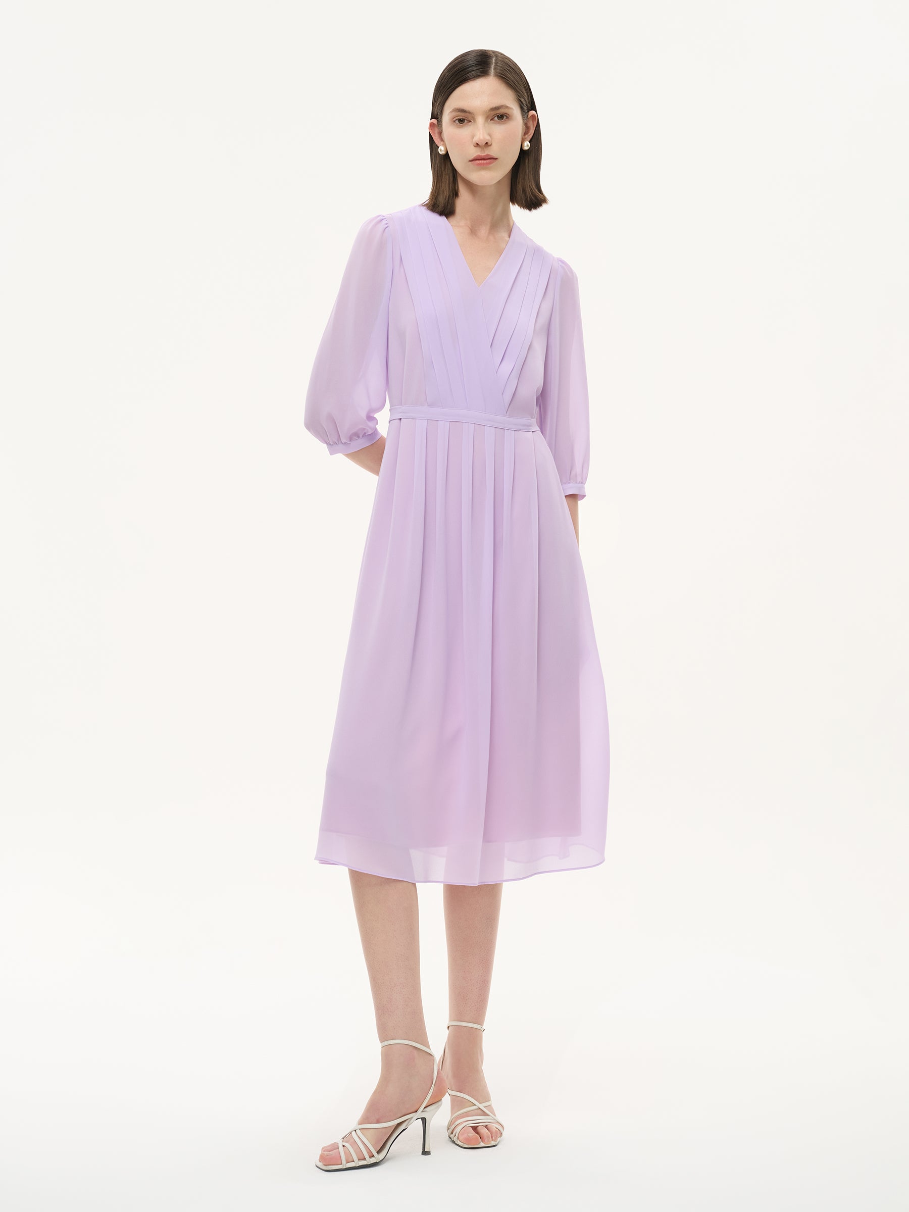 V-Neck Back Tie Women Pleated Midi Dress GOELIA