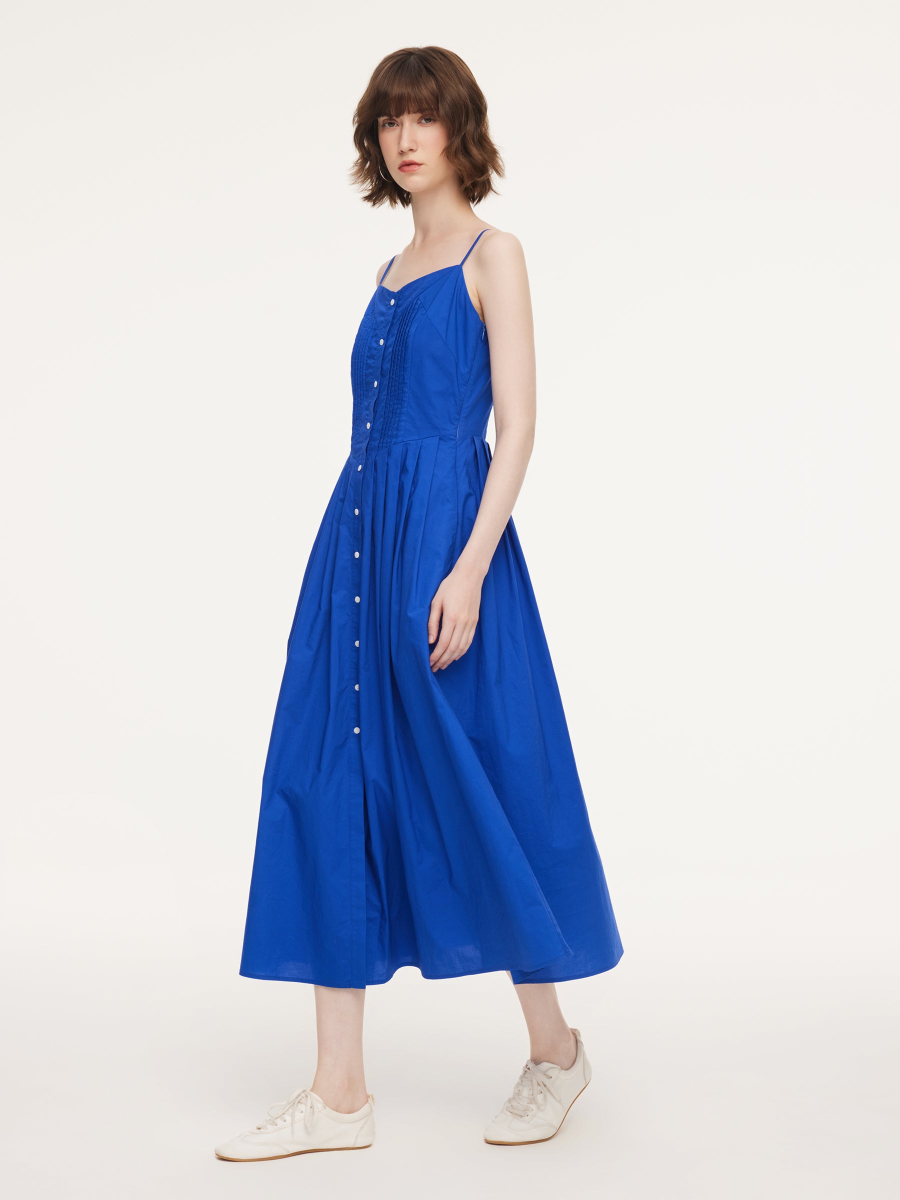 100% Cotton Gathered Waist Women Strap Maxi Dress GOELIA