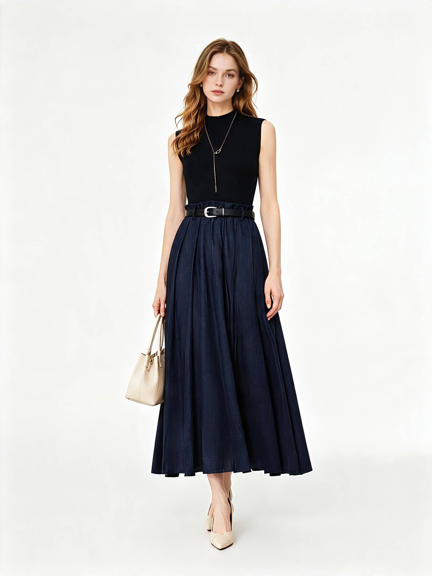Lyocell Blend Patchwork Women Sleeveless Maxi Dress With Belt GOELIA