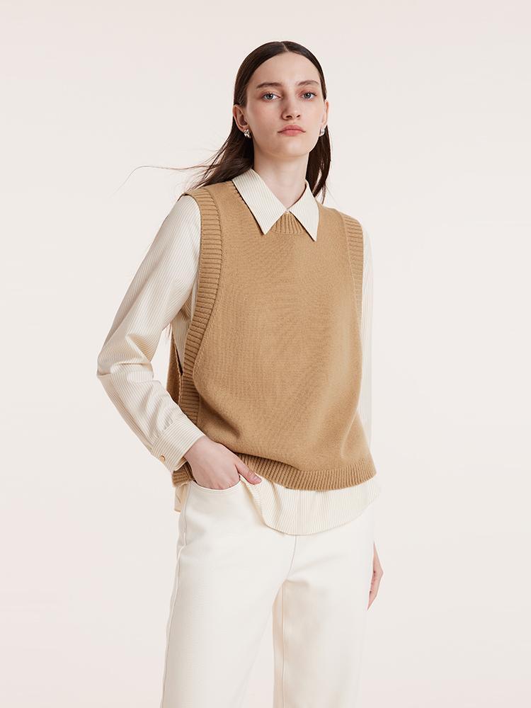 Beige Shirt And Knit Vest Two-Piece Set GOELIA