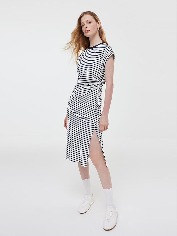 Striped Slit Ruched Women Midi Dress GOELIA
