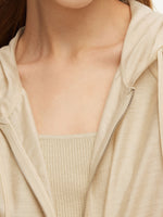 Tencel Acetate Linen Blend Women Zip-Up Hooded Cropped Jacket GOELIA