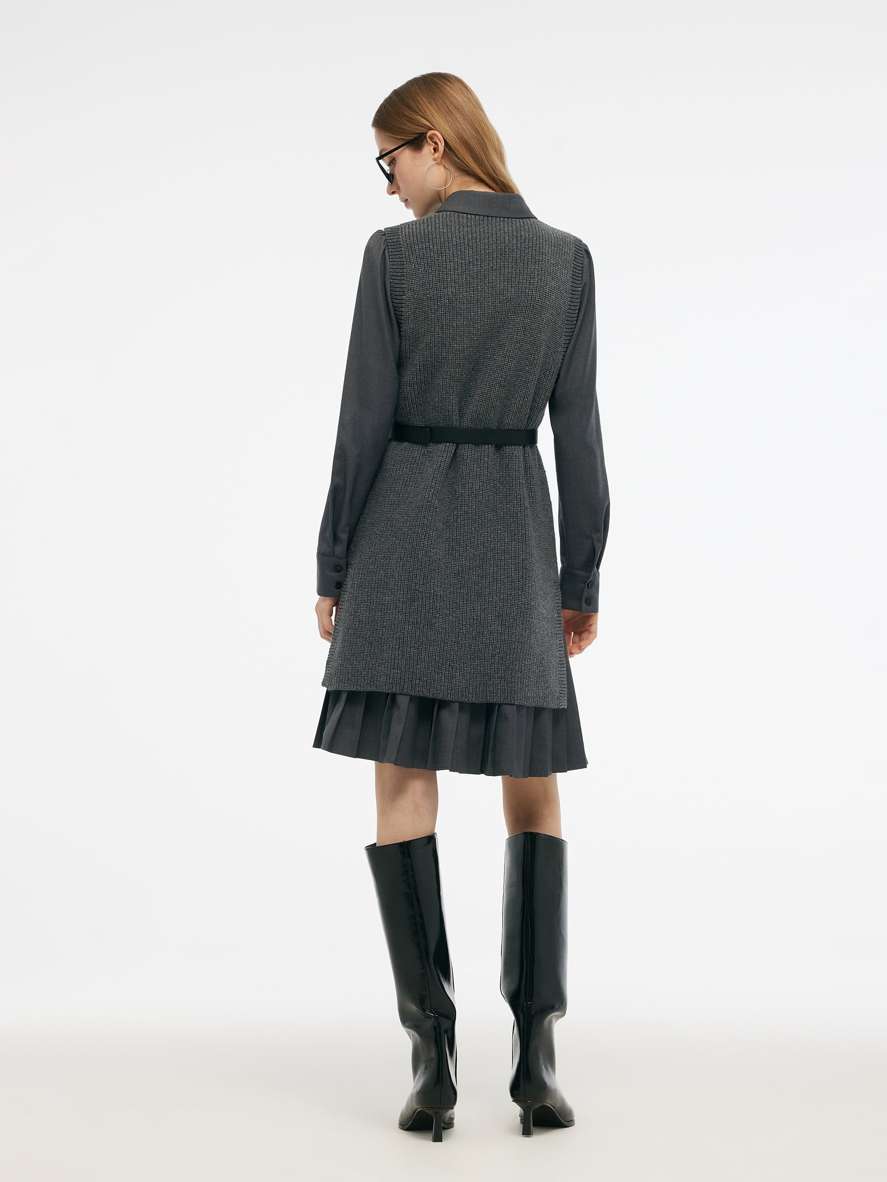 Wool Blend Knit Vest And Shirt Mini Dress Two-Piece Set With Belt, Smoke Grey / XL