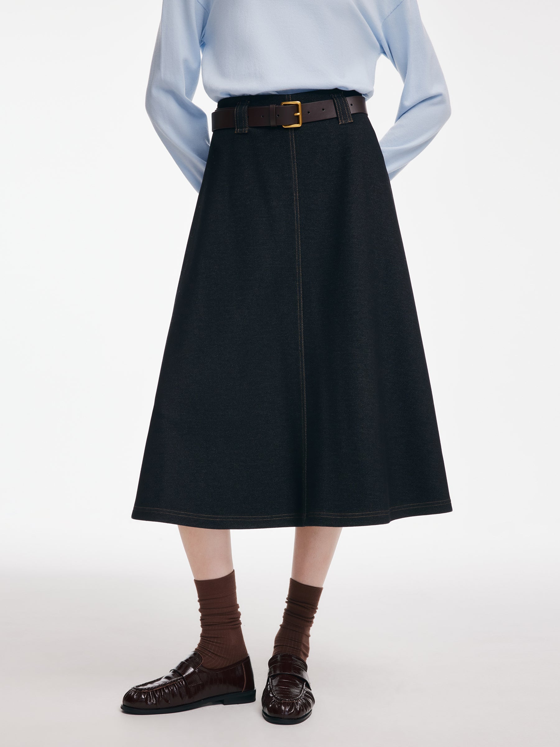 Denim Look Women A-Line Skirt With Belt GOELIA