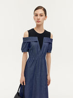 Denim Lyocell Cold Shoulder Patchwork Women Midi Dress GOELIA