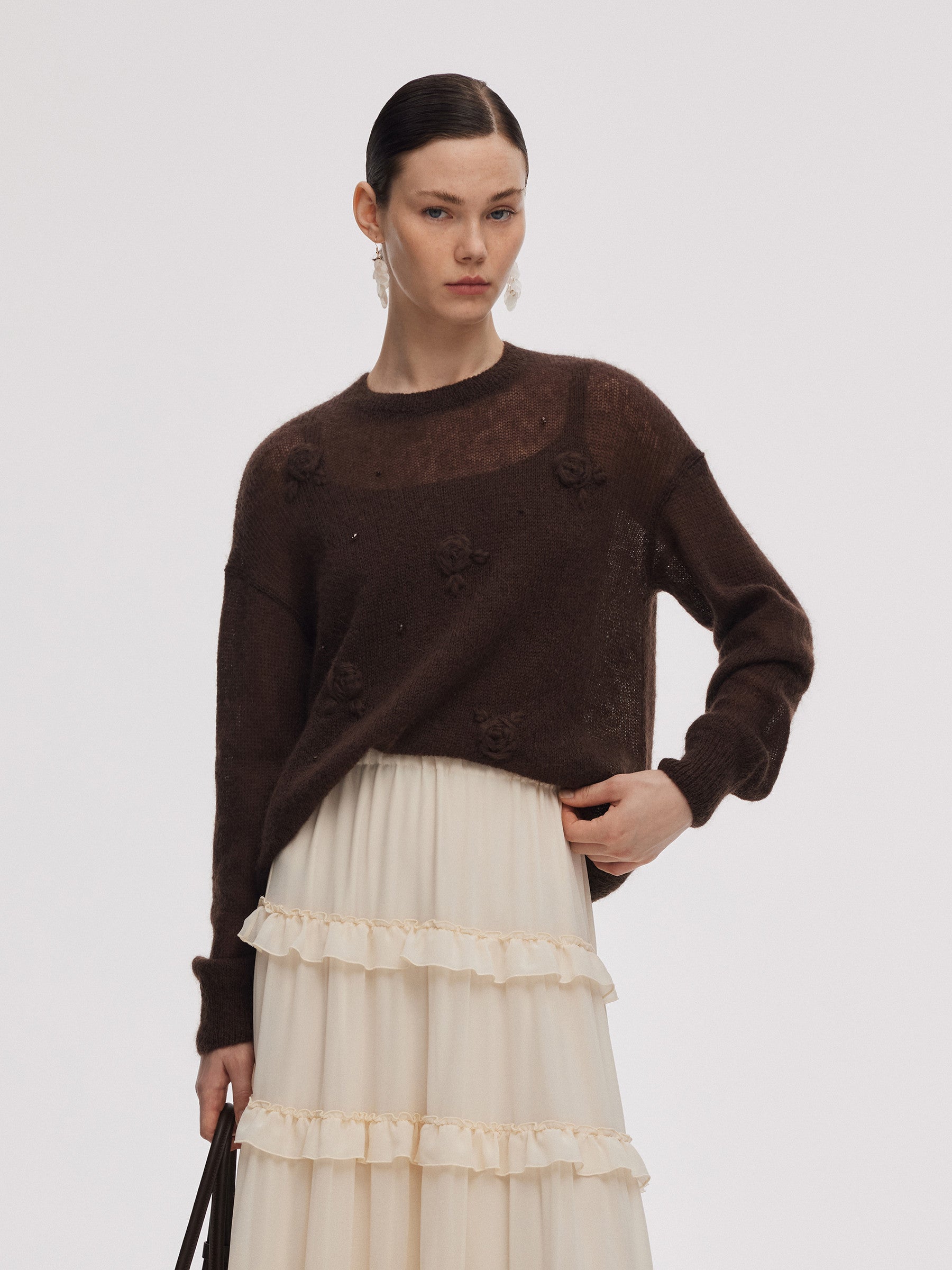 Mohair Wool Blend Women Hand-Crocheted Floral Sweater GOELIA