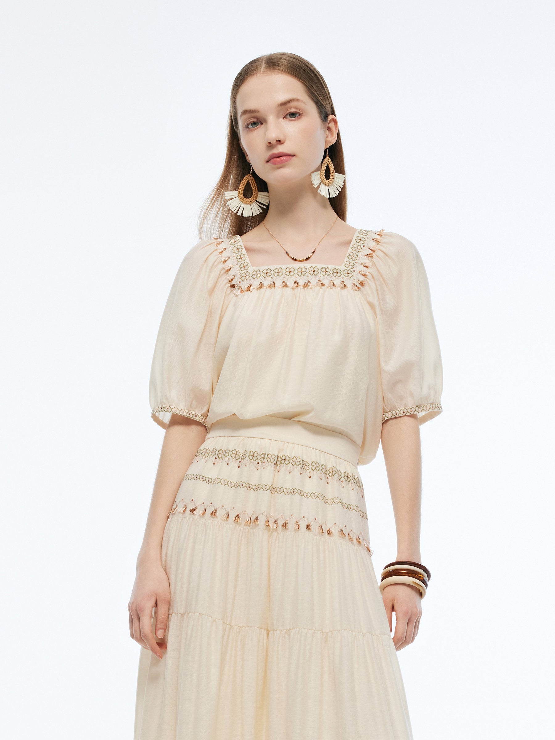 Acetate Blend Square Neck Women Embroidered Blouse GOELIA