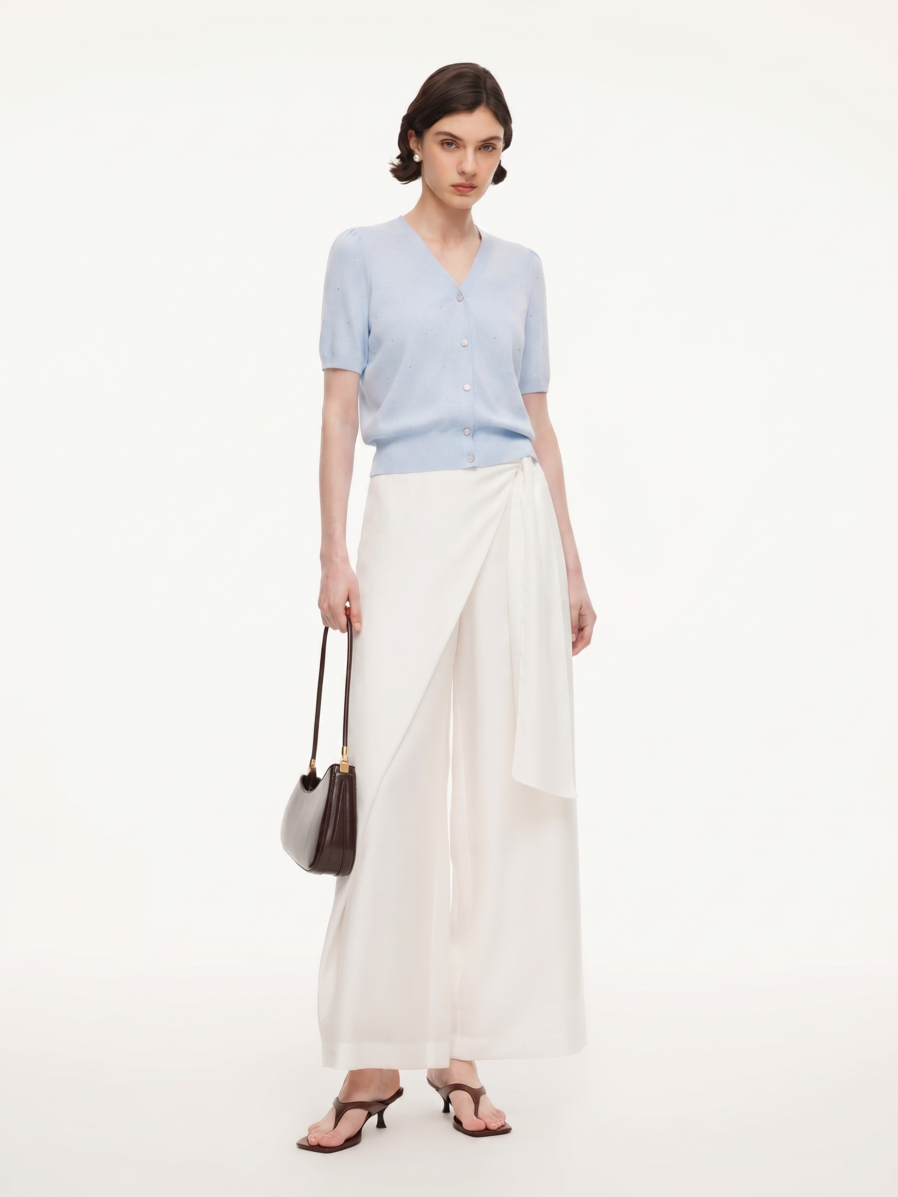 Lyocell Acetate Linen Blend Tie Front Women Pants GOELIA