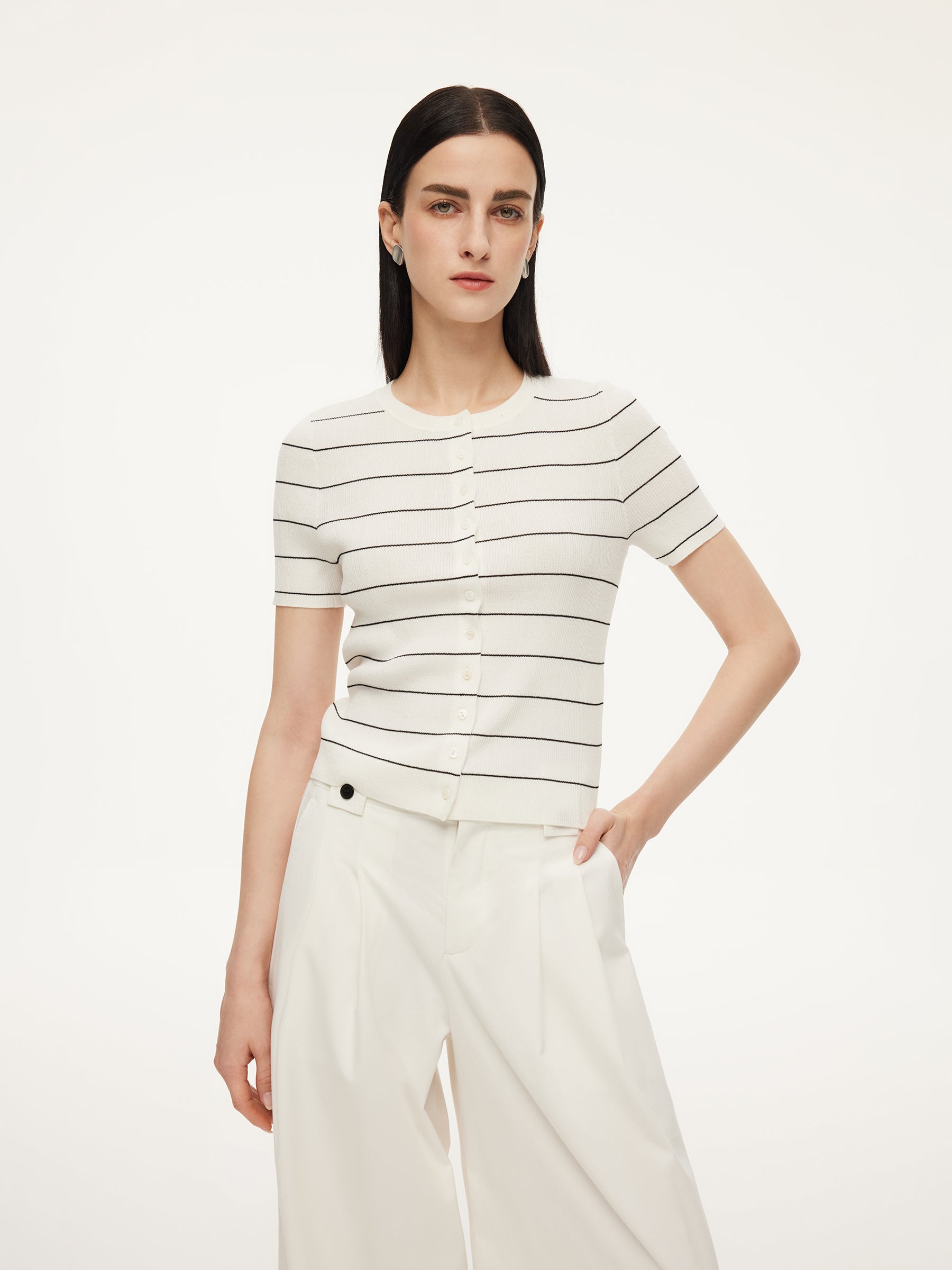 Lyocell Blend Stripe Round Neck Women Cardigan GOELIA