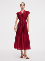 Tencel Blend Women Ruffle Cap Sleeve Maxi Dress With Sash GOELIA