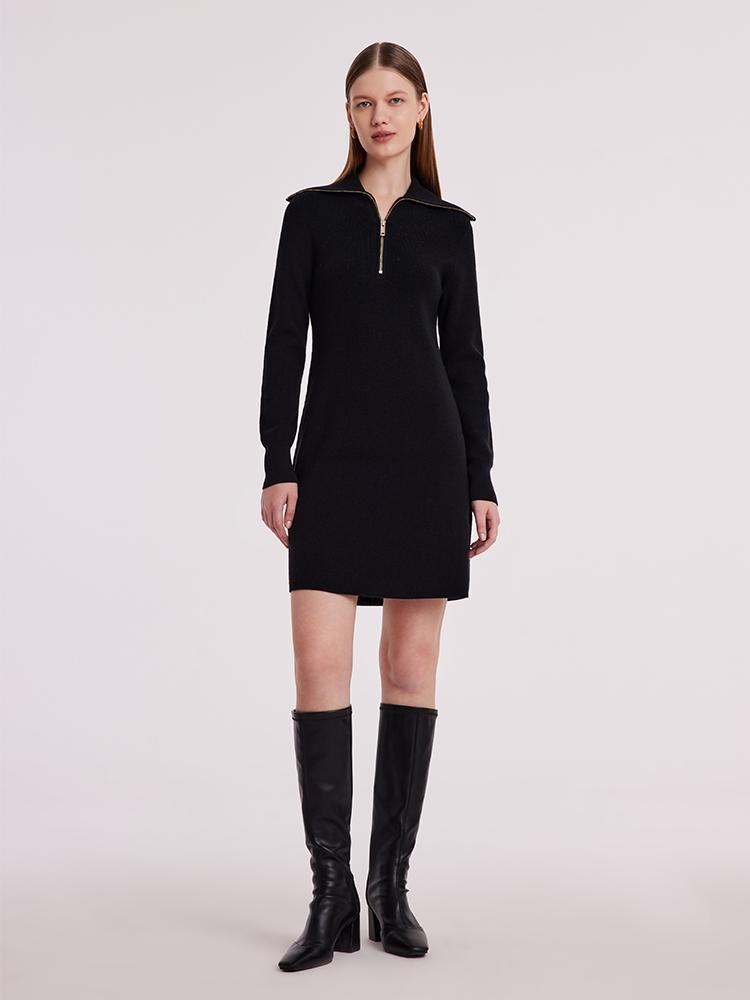 Black Wool Knit Lapel Dress With Zip GOELIA
