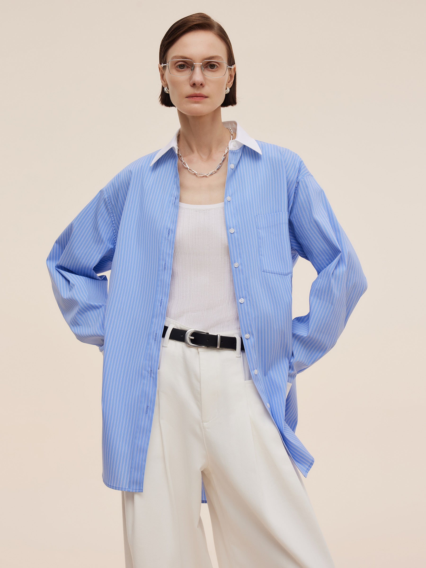 Color Block Stripe Women Oversized Shirt GOELIA