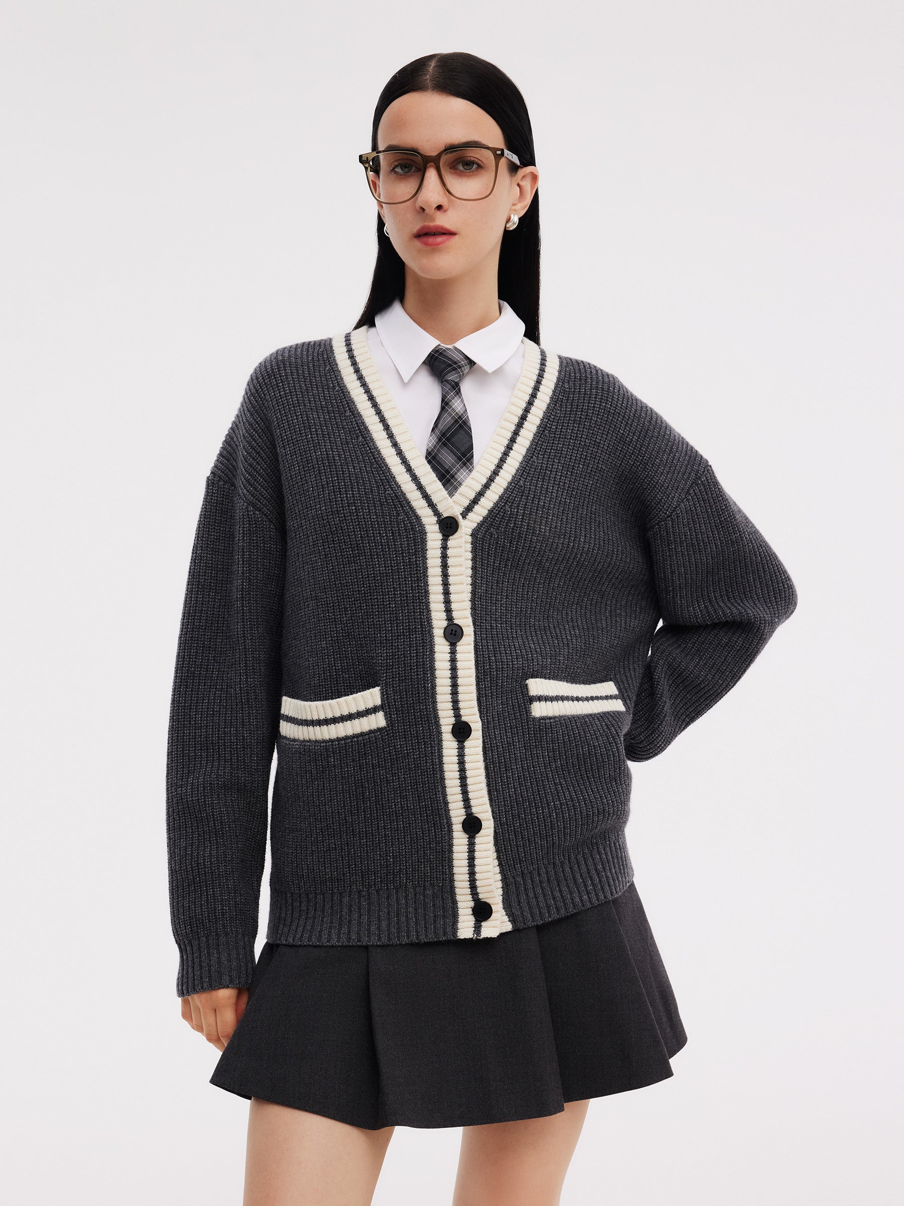 Wool Blend Contrast Trim Women Cardigan GOELIA