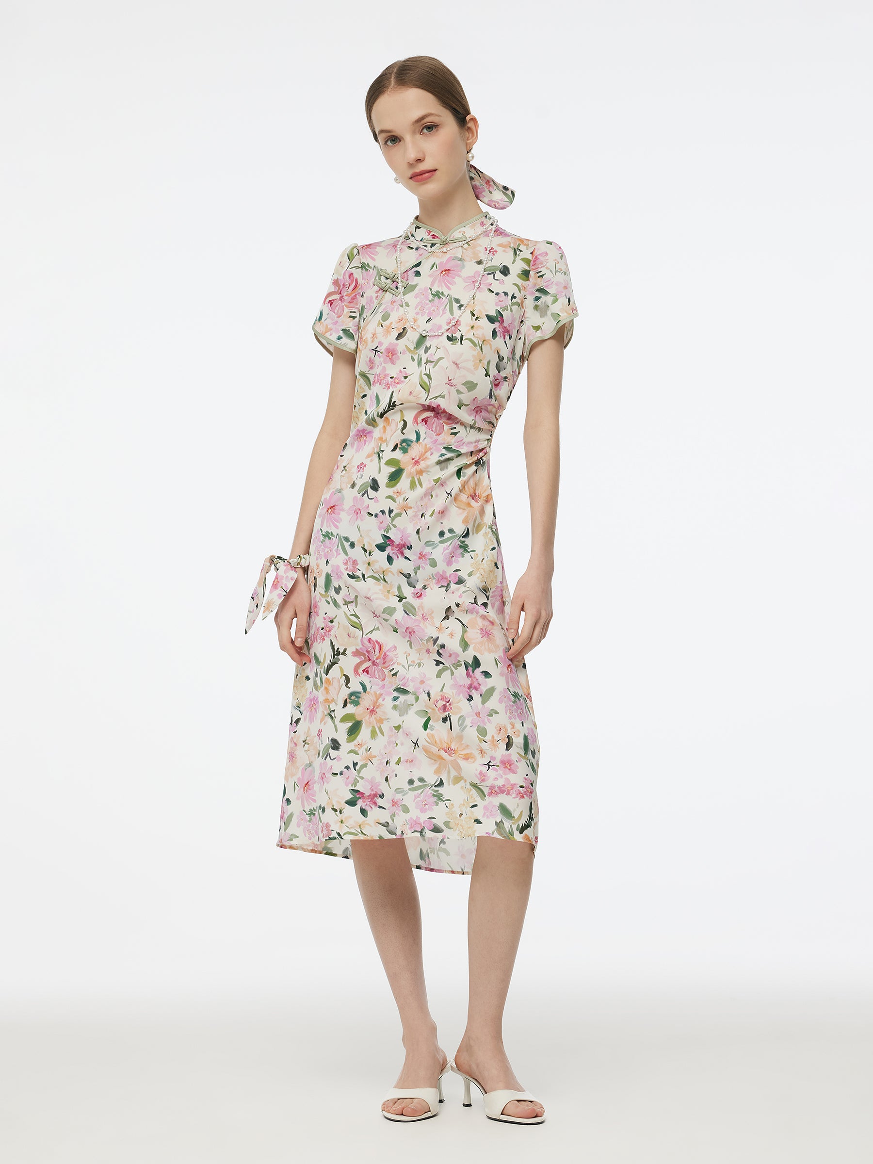 19MM Mulberry Silk Floral Print Side Twist Women Qipao Midi Dress GOELIA