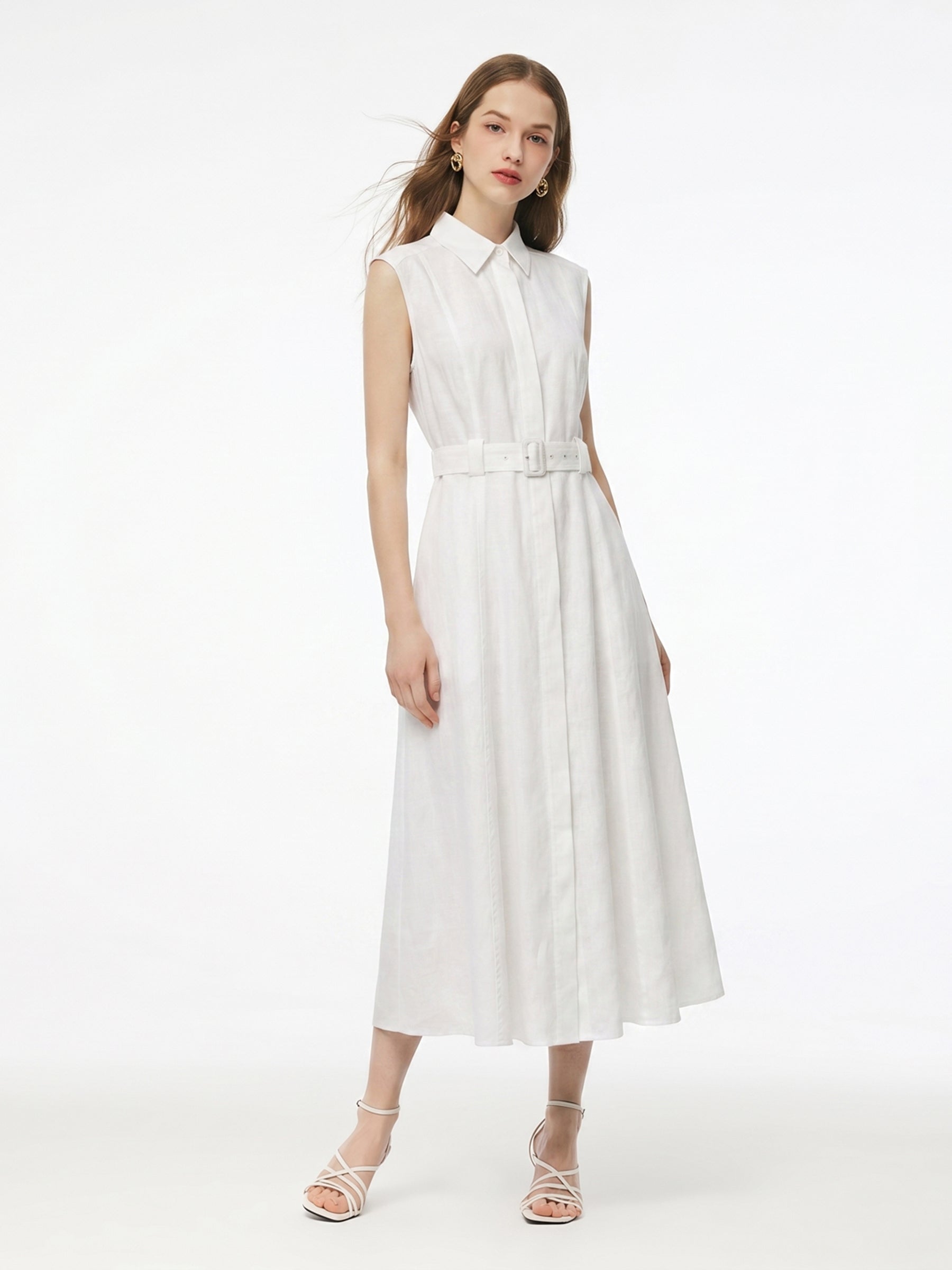 100% Linen Women Maxi Shirt Dress With Belt And Slip Lining GOELIA