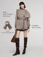 Alpaca Wool Blend Double-Faced Women Wrap Coat With Scarf GOELIA