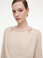 Tencel Wool Blend Beaded Neck Women Cut-Out Wrap Knit Top GOELIA