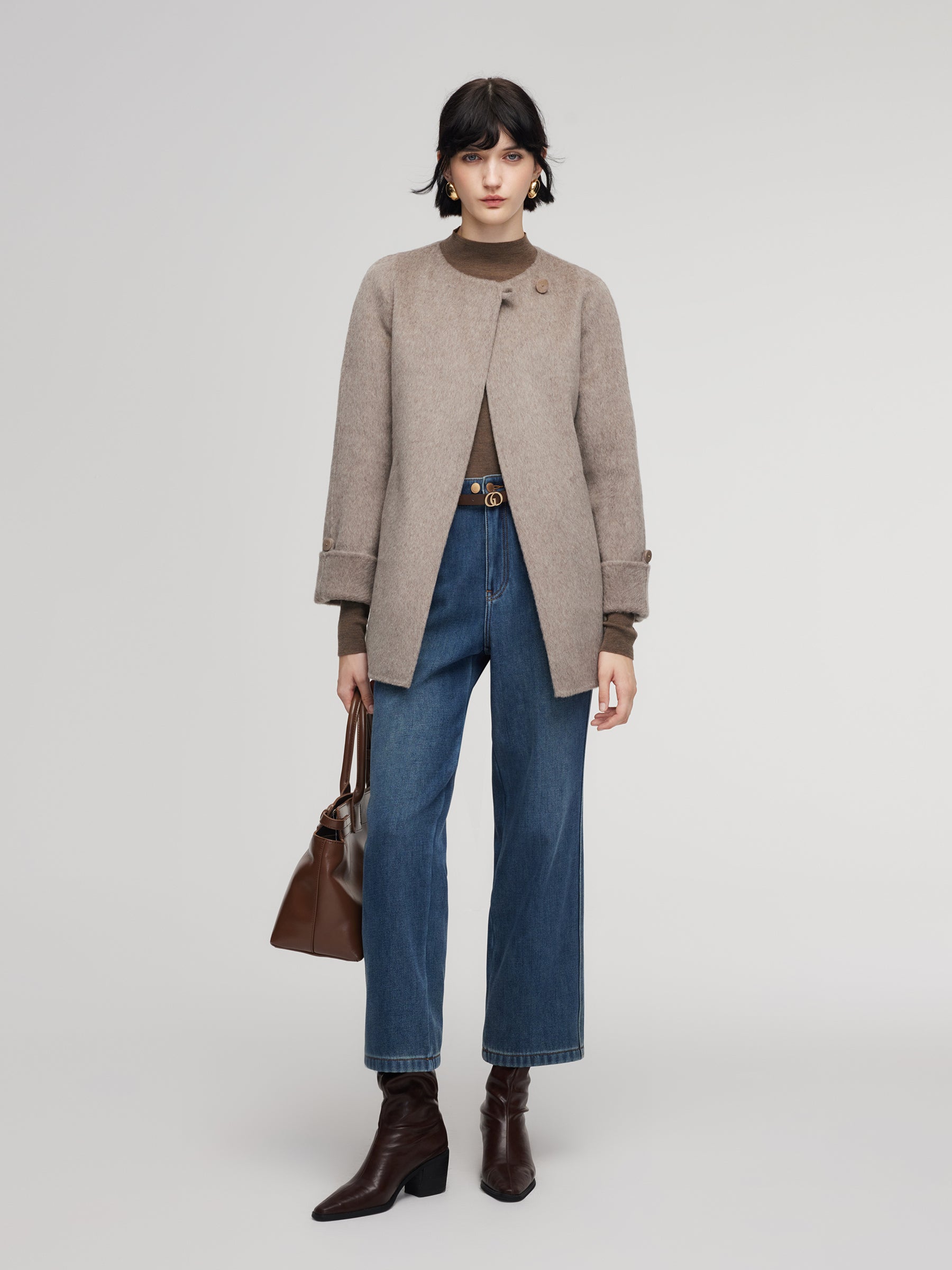 Alpaca Wool Blend Double-Faced Women Wrap Coat With Scarf GOELIA