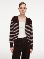100% Wool Brown Stripe Women Hooded Zip-Up Cardigan GOELIA
