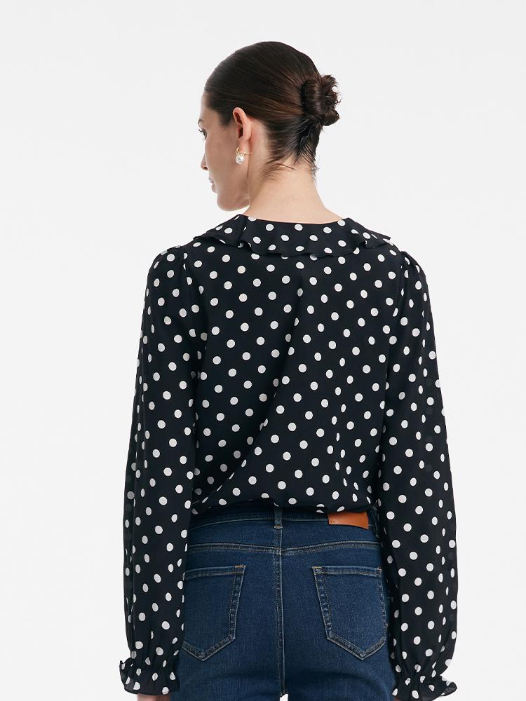 Mulberry Silk Polka Dots Ruffle Women Blouse GOELIA