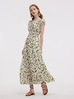 Acetate Blend Floral Print Adjustable Drawstring Neckline Women Maxi Dress GOELIA