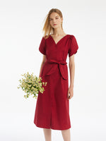Petal Sleeves Gathered Waist V-Neck Women Midi Dress With Belt GOELIA