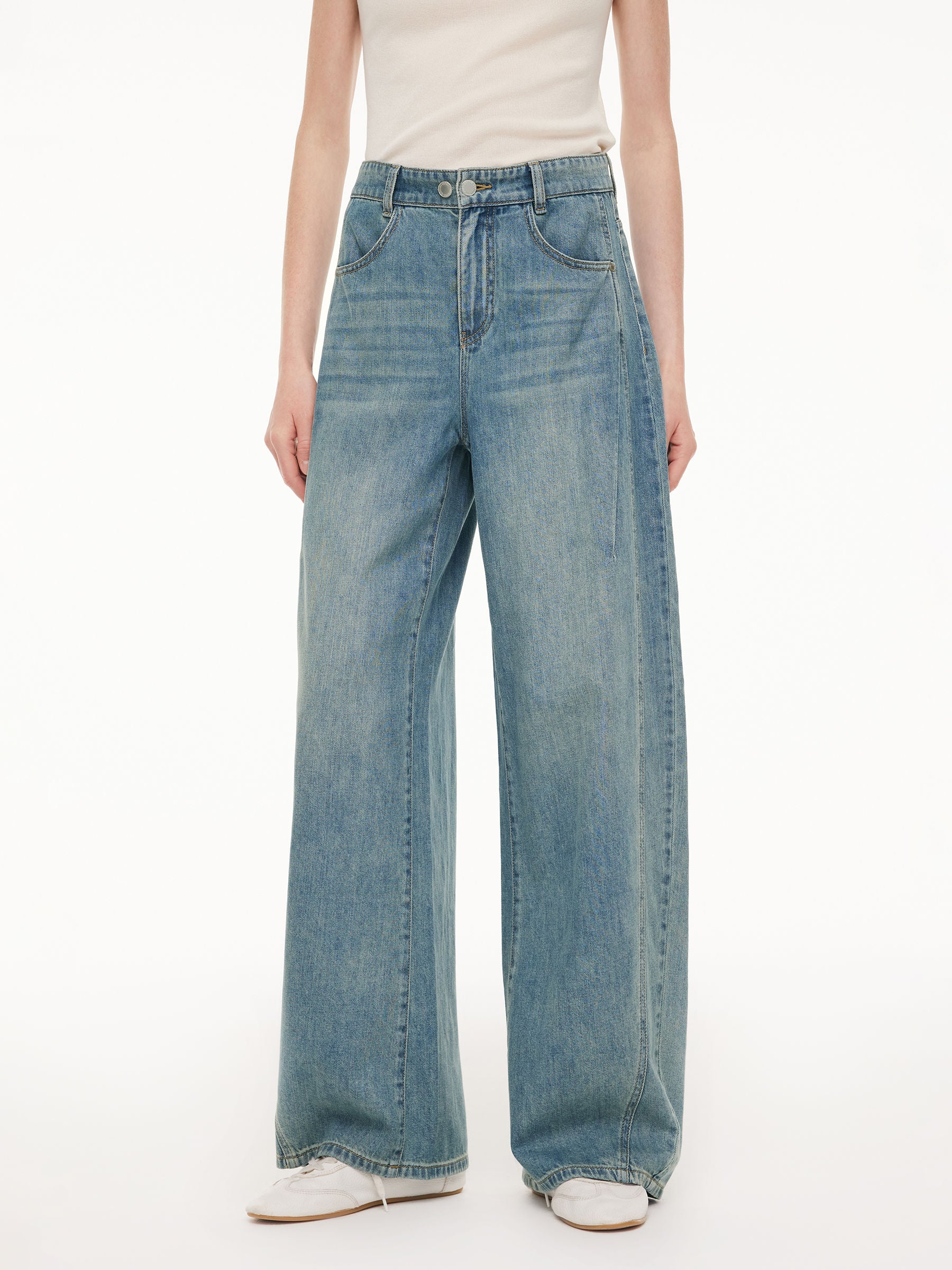 100% Cotton Denim Women Curved Leg Jeans GOELIA