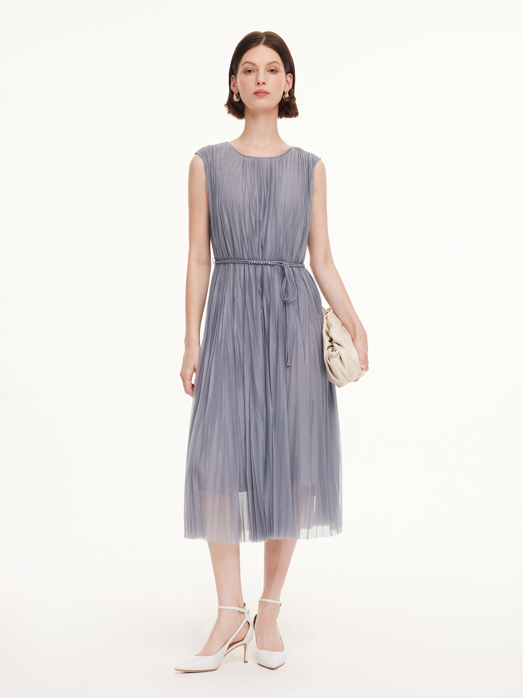 One-Size Flexible-Fit Pleated Sleeveless Women Belted Maxi Dress GOELIA