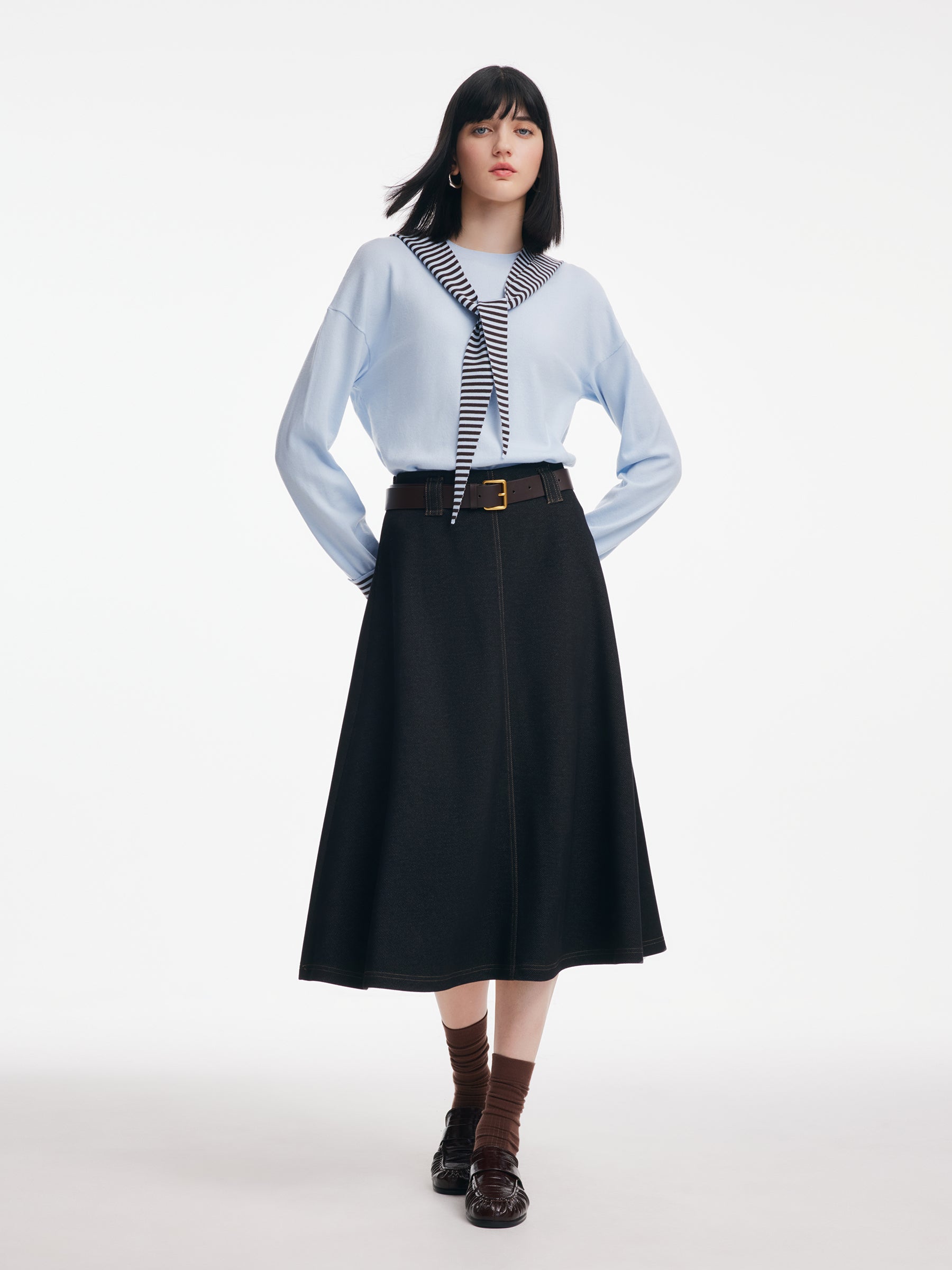 Denim Look Women A-Line Skirt With Belt GOELIA