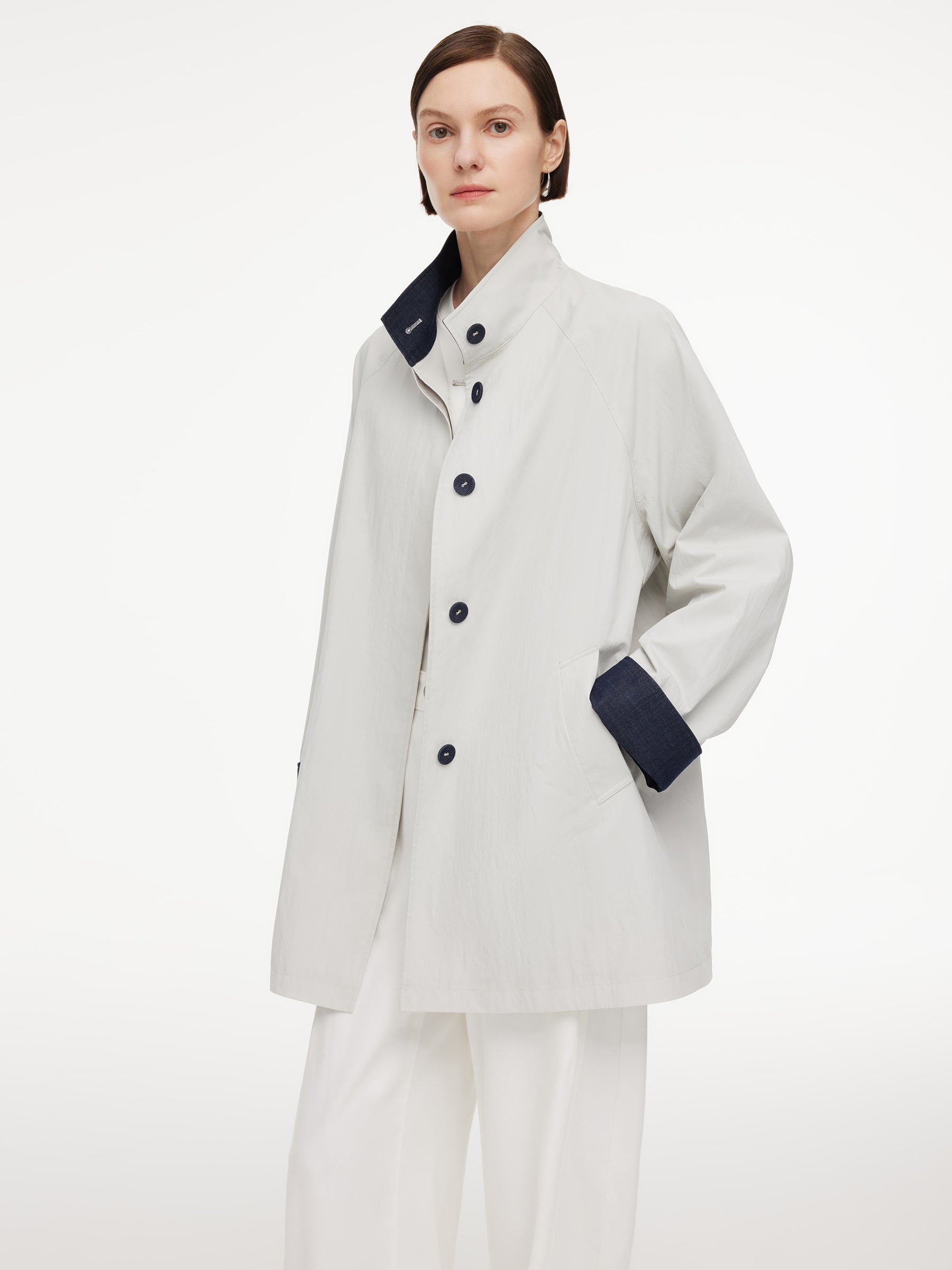 Cotton Blend Relaxed A-Line Women Mid Length Trench Coat GOELIA